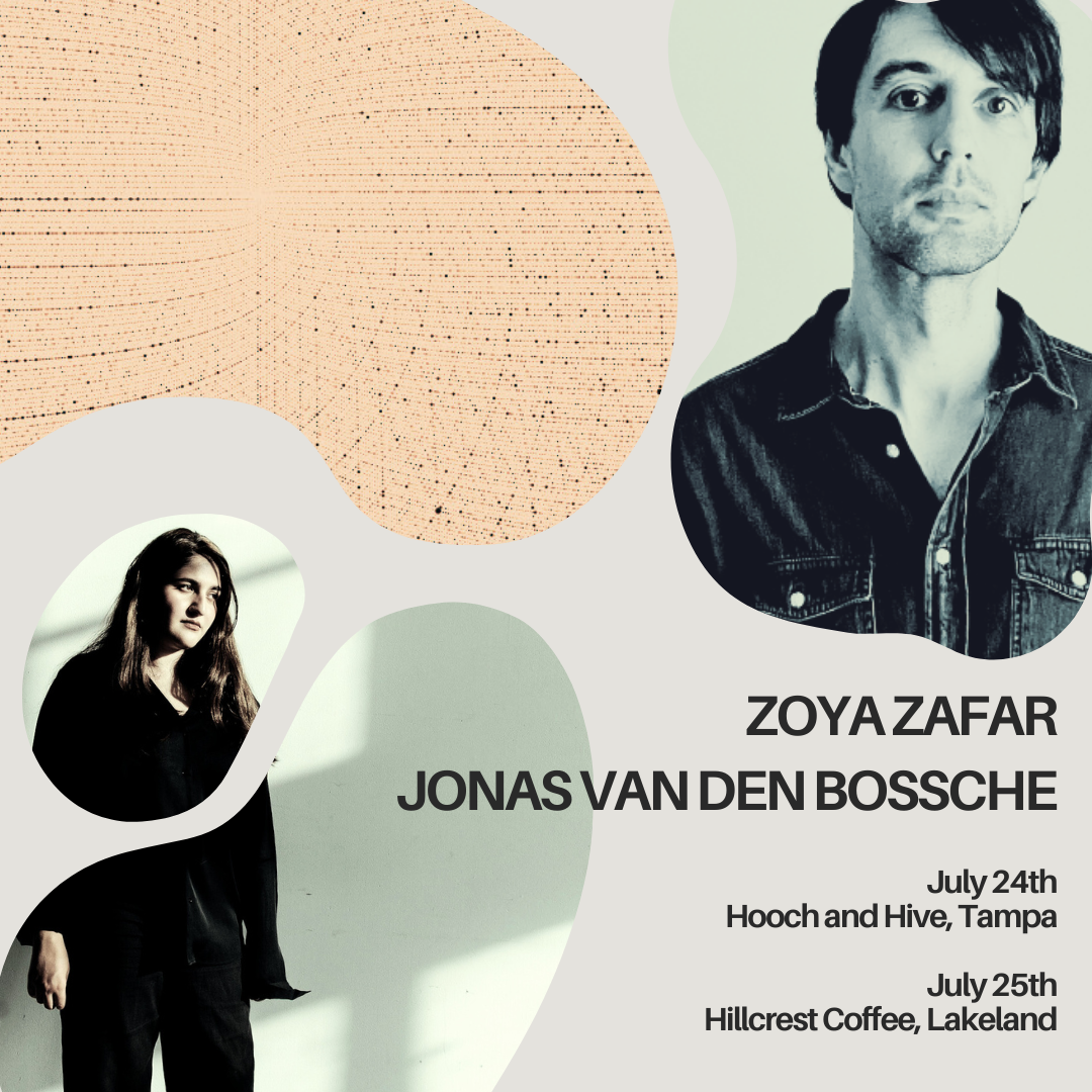 square graphic image with photos of jonas van den bossche and zoya zafar to announce upcoming july performance dates